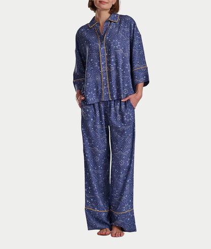 Woven 3/4 Sleeve Button-Down Top and Long Pant Set