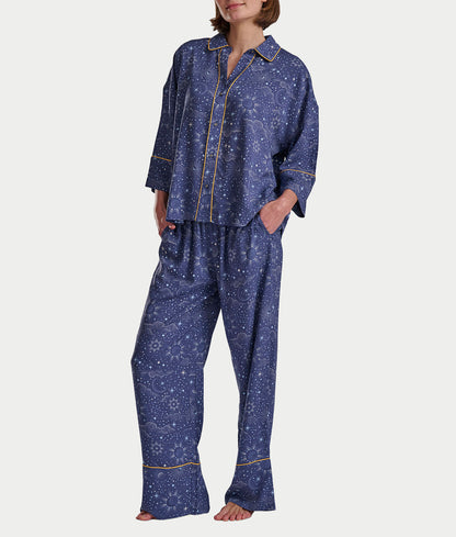 Woven 3/4 Sleeve Button-Down Top and Long Pant Set
