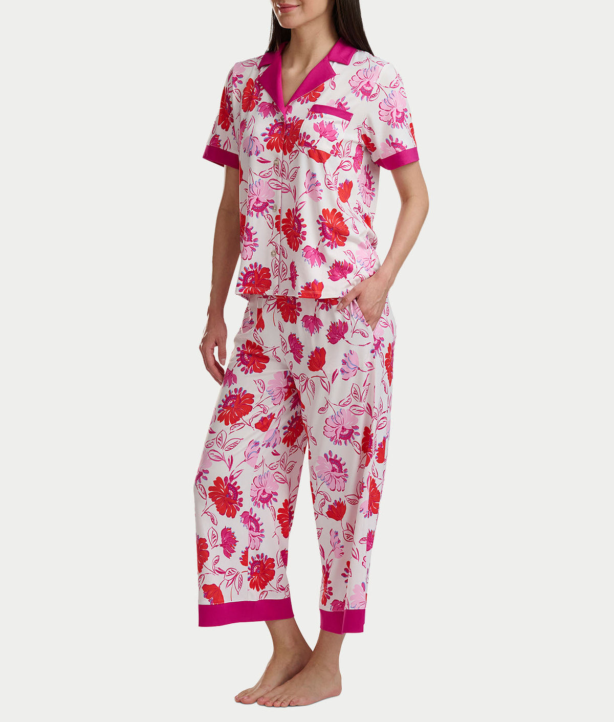 Notch Collar Knit Cropped Pajama Set