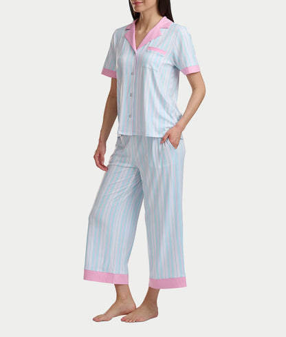 Notch Collar Knit Cropped Pajama Set