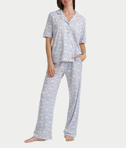 Notch Collar Elbow Sleeve Pajama Set