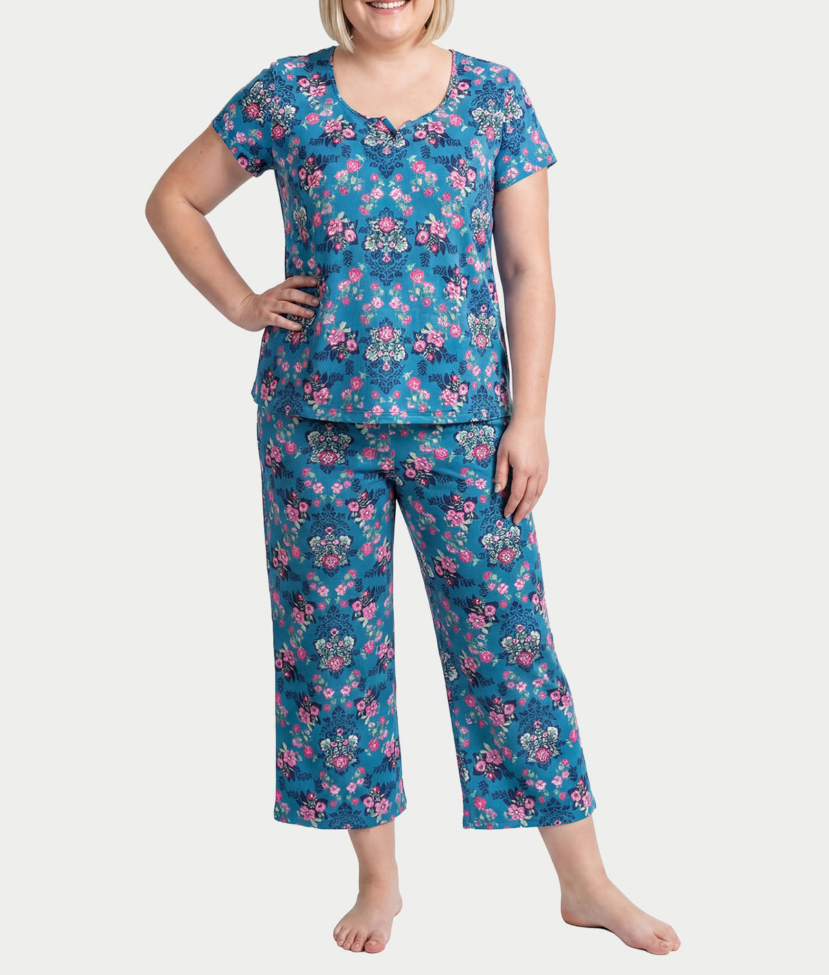 KN Cool Short Sleeve Henley Knit Cropped Pajama Set