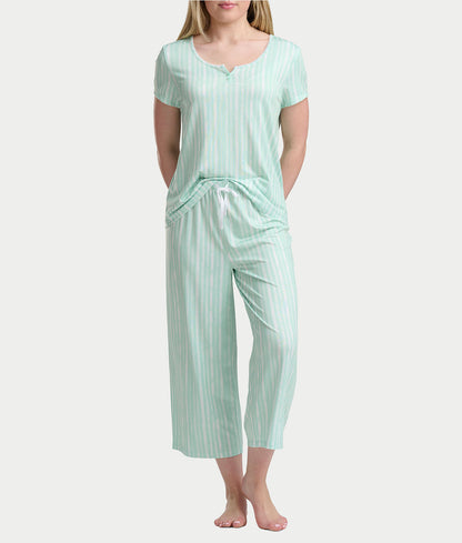 KN Cool Short Sleeve Henley Knit Cropped Pajama Set