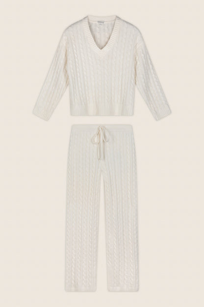Cozy Chenille Cable Knit Ivory V-Neck Lounge Set