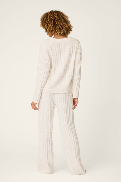 Cozy Chenille Cable Knit Ivory V-Neck Lounge Set