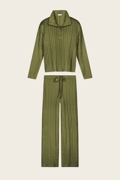 Cozy Chenille Cable Knit Olivine Pullover Lounge Set
