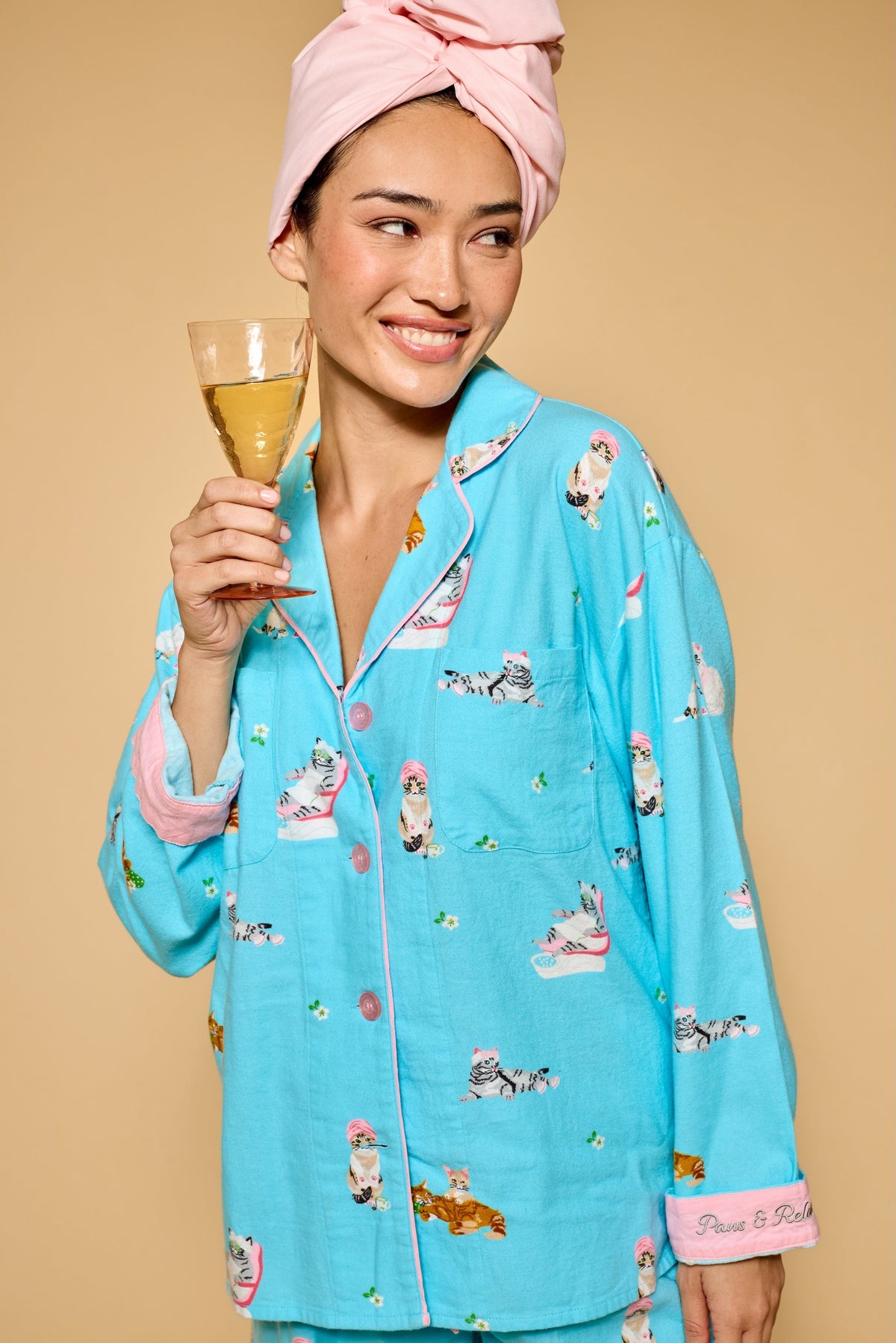 Pampered Cat Print 3-Piece Flannel Pajama Set