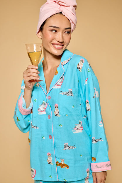Pampered Cat Print 3-Piece Flannel Pajama Set