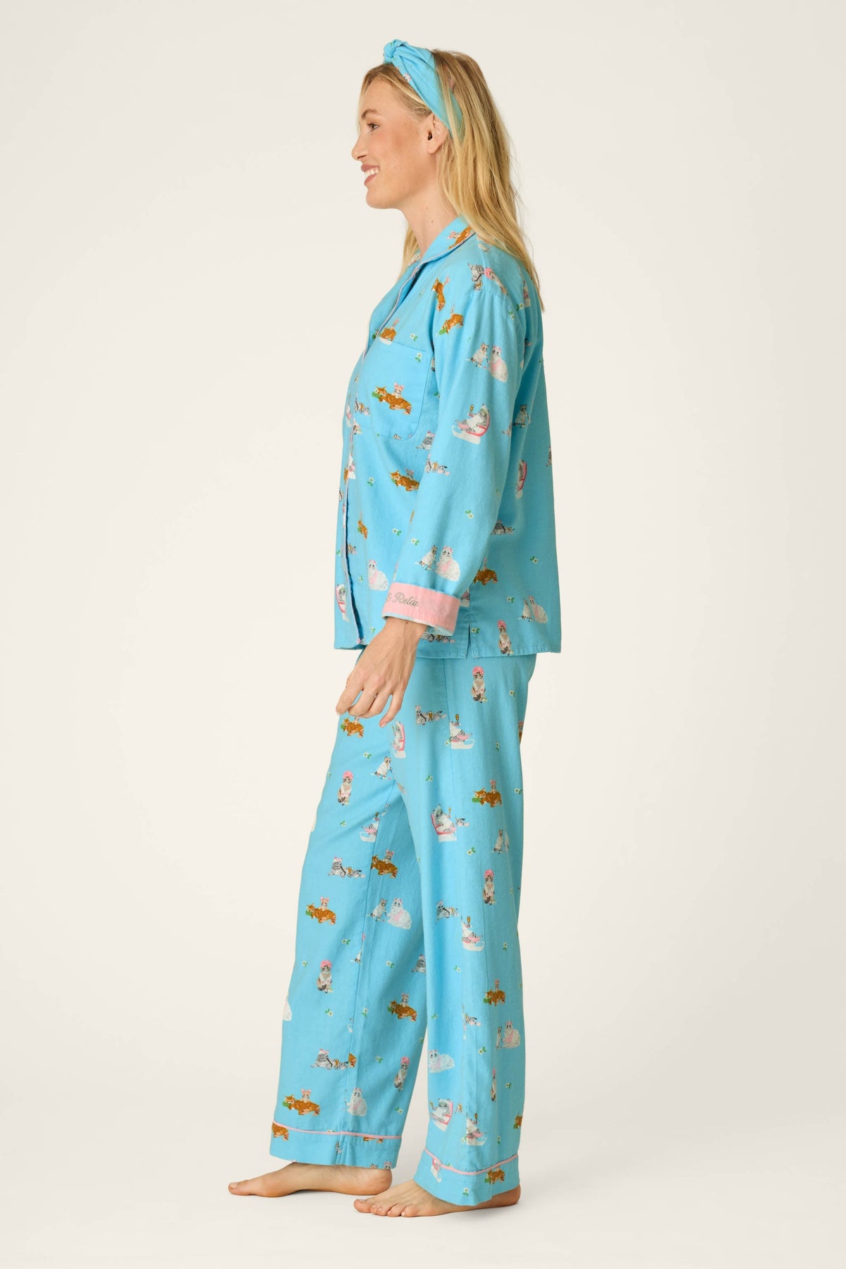 Pampered Cat Print 3-Piece Flannel Pajama Set