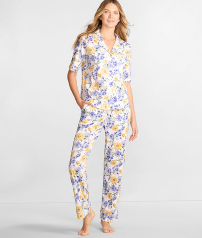 Notch Collar Elbow Sleeve Pajama Set
