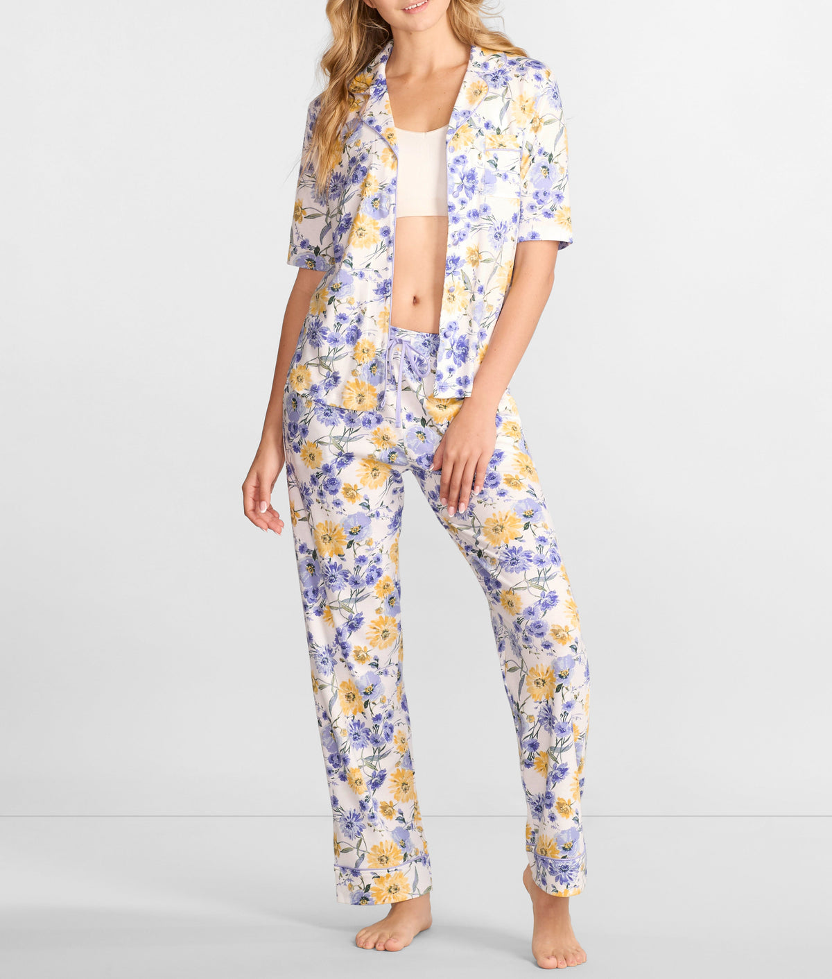 Notch Collar Elbow Sleeve Pajama Set